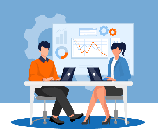 Illustration of two people sitting with laptops in front of charts to represent technical consulation