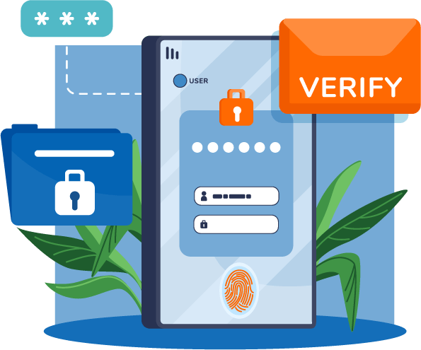 Illustration of mobile device with secure log-in screen and verification email icon floating