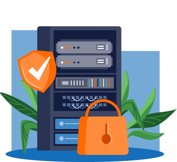 Illustration of server with lock in front and shield with checkmark floating