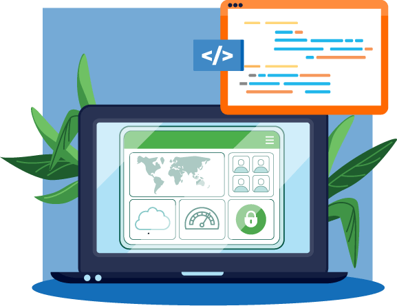 Illustration of laptop with platform dashboard and floating code panel