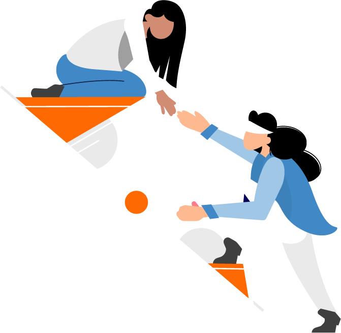 Flat Illustration of a kneeling person reaching out to another person who is lower and stepping up, using pops of blue and orange