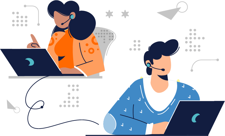 Illustration of two people on laptops with a pattern around