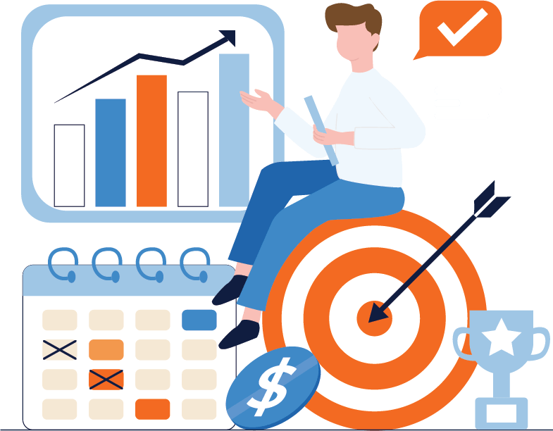 Illustration of man with charts, a calendar, and bullseye