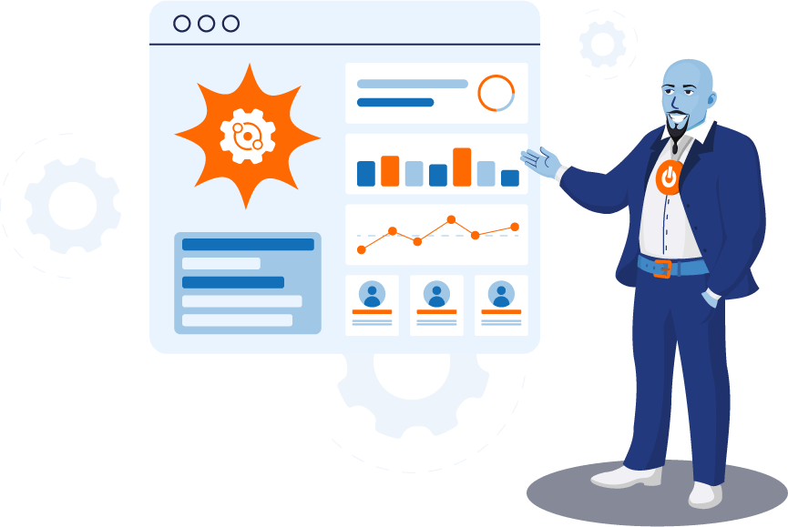 WorkMation Genie standing in front of floating tab with graphs to represent Bespoke Solutions