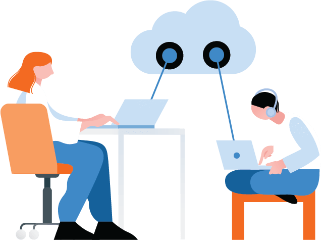 illustration of two people connecting to each other through devices using the cloud