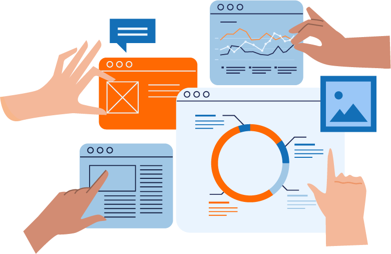 Illustration of hands pointing at different dashboard windows floating to show managed services