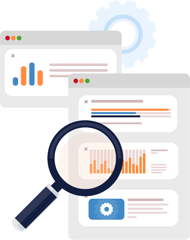 Illustration of a magnifying glass over two application windows of graphs and a cog