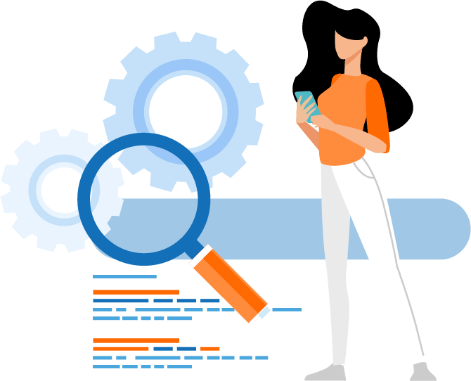 illustration of women holding a tablet near a large magnifying glass, gear, and search bar